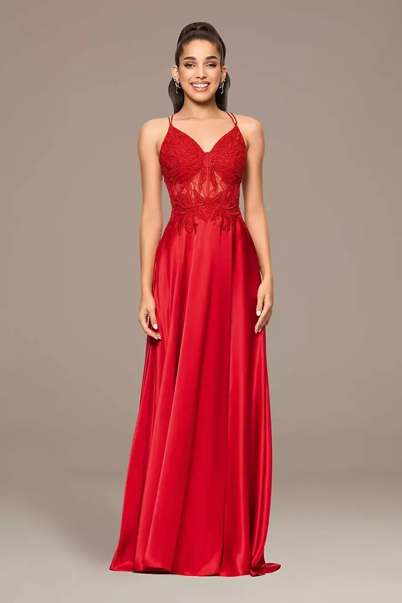 Blondie Nites Charmeuse A-Line Dress With Appliqued Bodice in Red Size: 7 David's Bridal