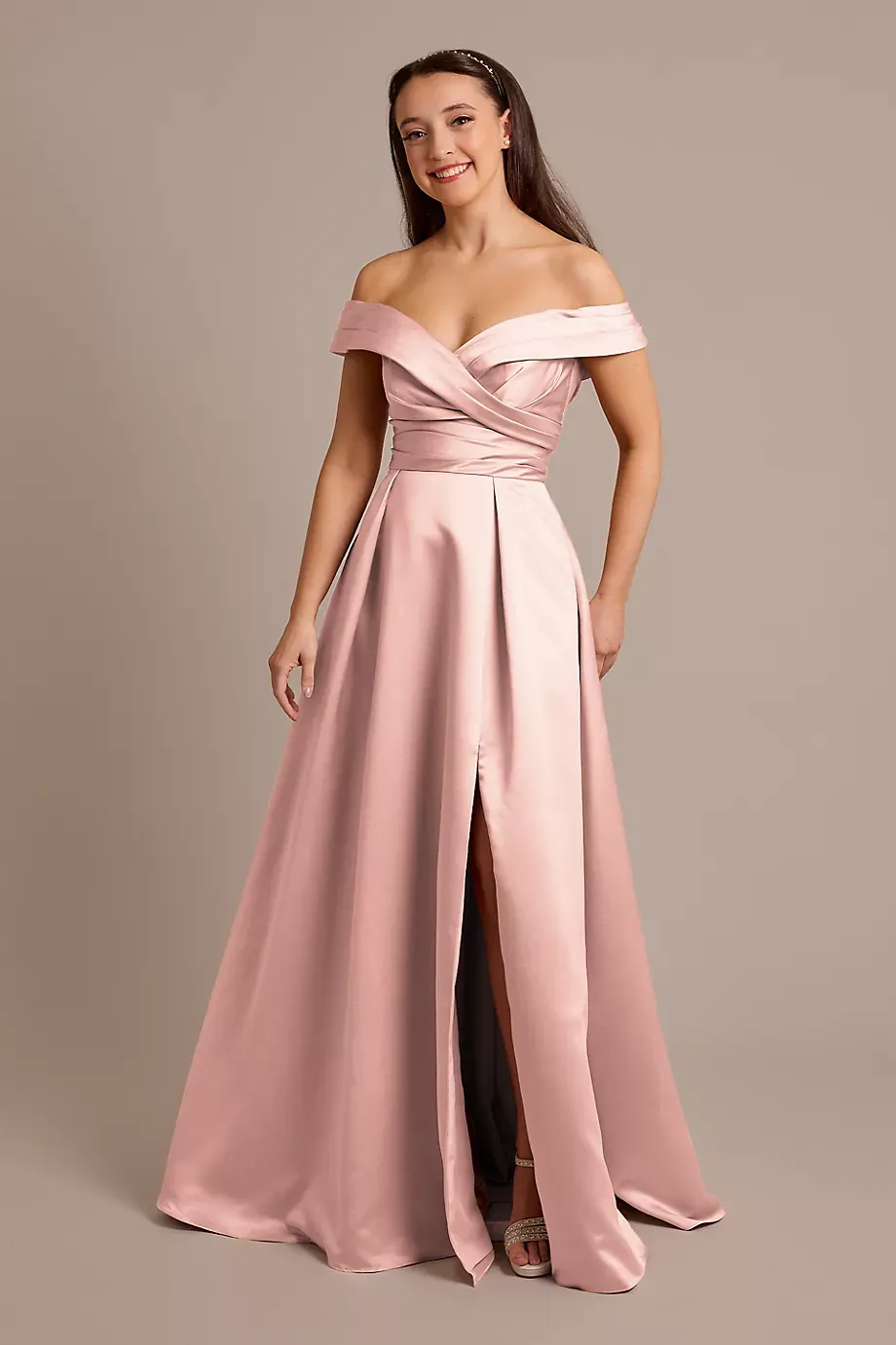 Celebrate DB Studio Satin Off-The-Shoulder Ball Gown Dress in Ballet Size: 16 David's Bridal