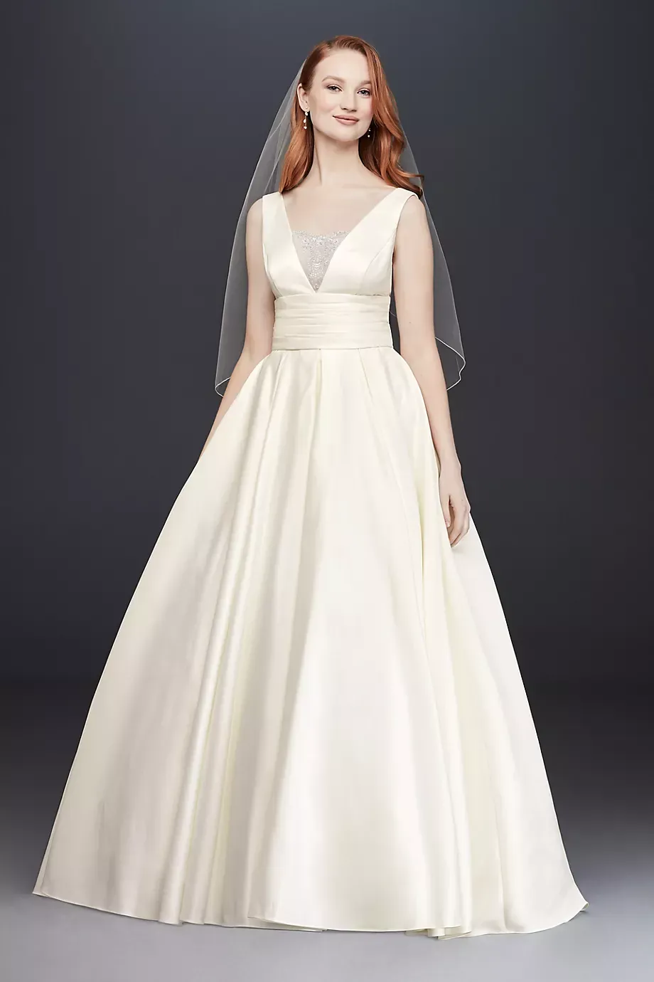 As-Is Satin Cummerbund Ball Gown Wedding Dress in Ivory Size: 2 David's Bridal
