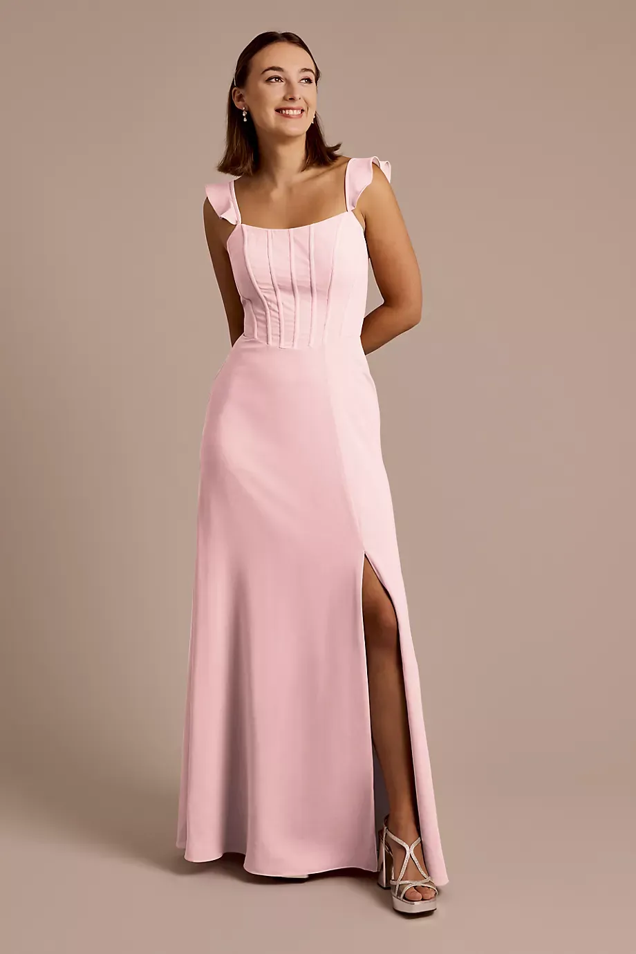 Celebrate DB Studio Chiffon Corset Dress With Flutter Sleeves in Pastel Pink Size: 12 David's Bridal