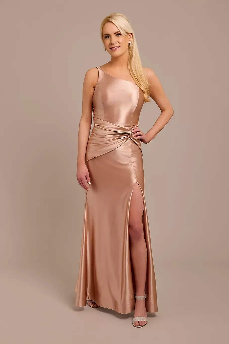 Galina Signature Sculpting Satin One-Shoulder Knot Dress in Sand Size: 16 David's Bridal