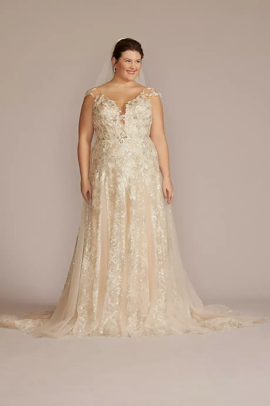 Galina Signature Illusion Embellished Plus Size Wedding Gown in Dark Champagne/Ivory Cashmere Size: 26W David's Bridal
