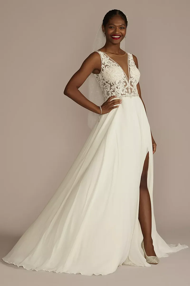 Galina Signature Applique Illusion Chiffon Wedding Dress in Ivory Size: 8 David's Bridal