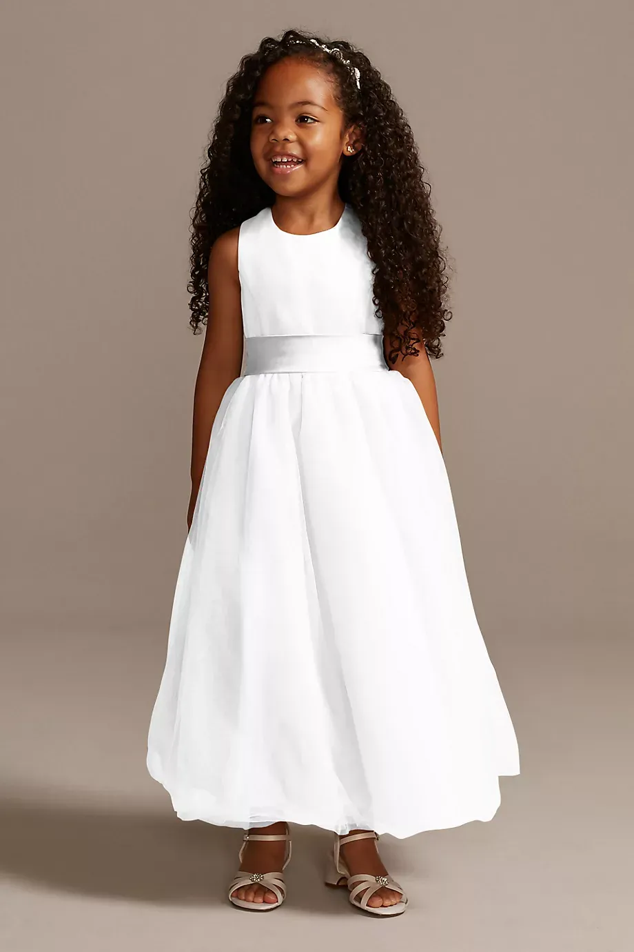 Satin Flower Girl Dress With Tulle Skirt in White Size: 12 David's Bridal