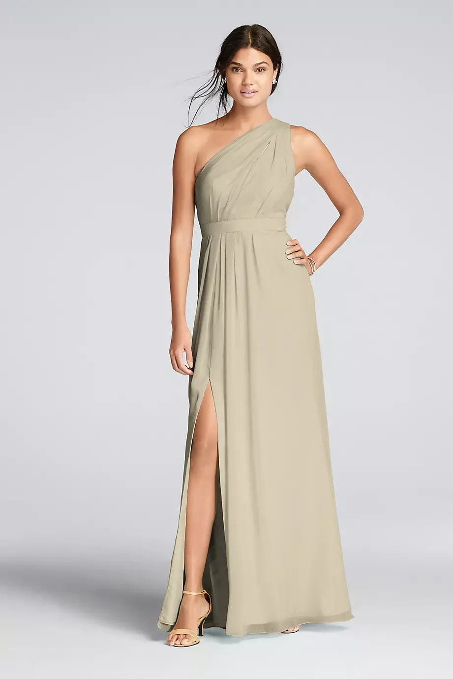 Celebrate DB Studio Long One-Shoulder Crinkle Chiffon Dress in Champagne Size: 2 David's Bridal