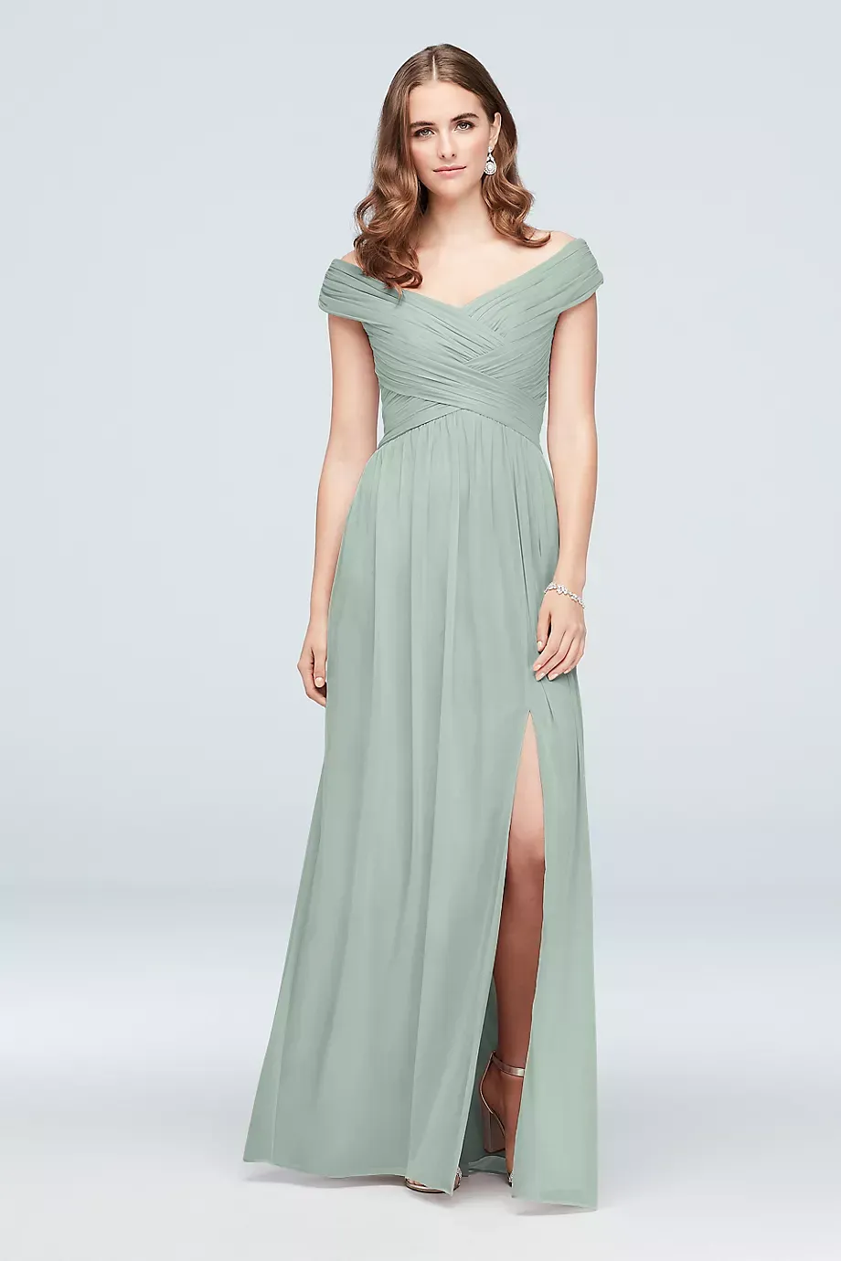 Celebrate DB Studio Off-The-Shoulder Mesh Tall Bridesmaid Dress in Dusty Sage Size: 12 David's Bridal