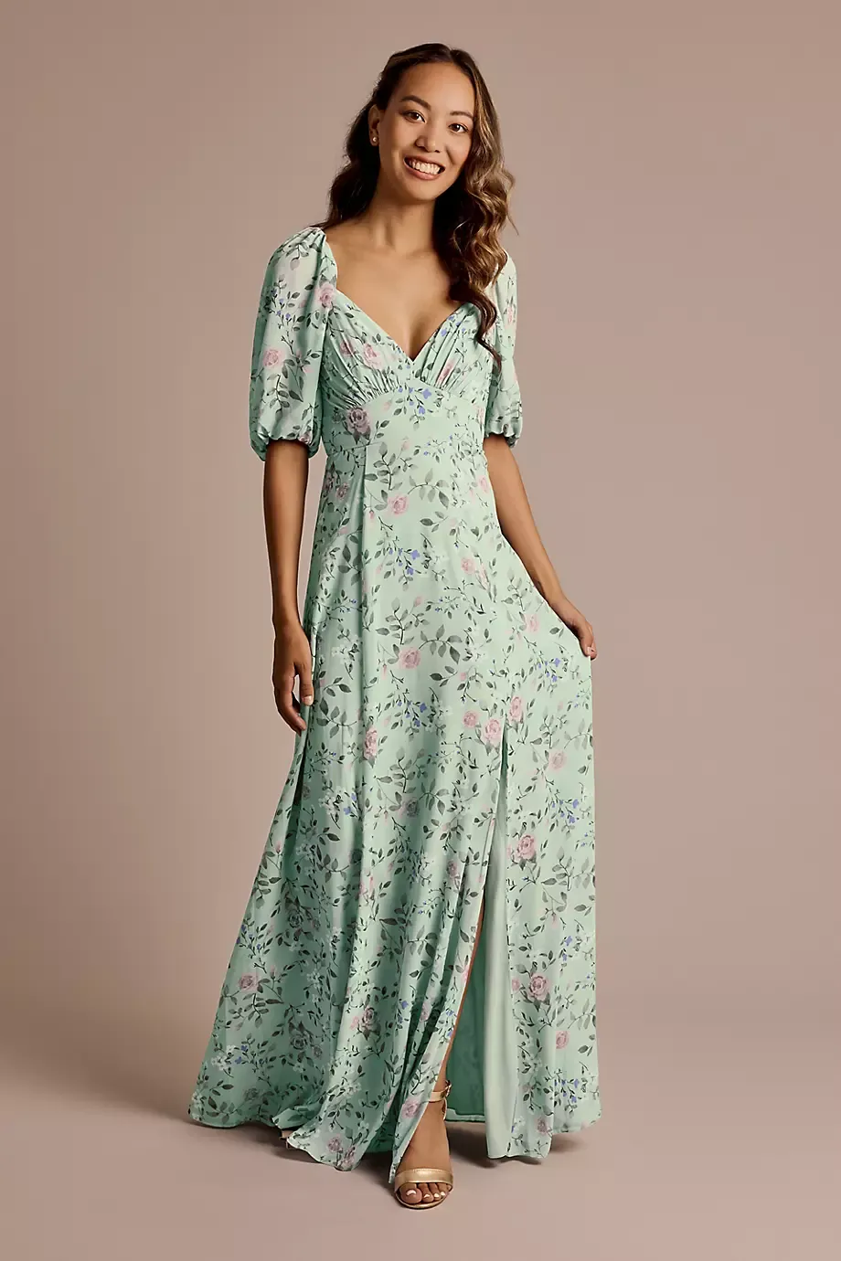 Celebrate DB Studio Floral Chiffon Short Sleeve A-Line Dress in Dusty Sage Rose Floral Print Size: 2 David's Bridal