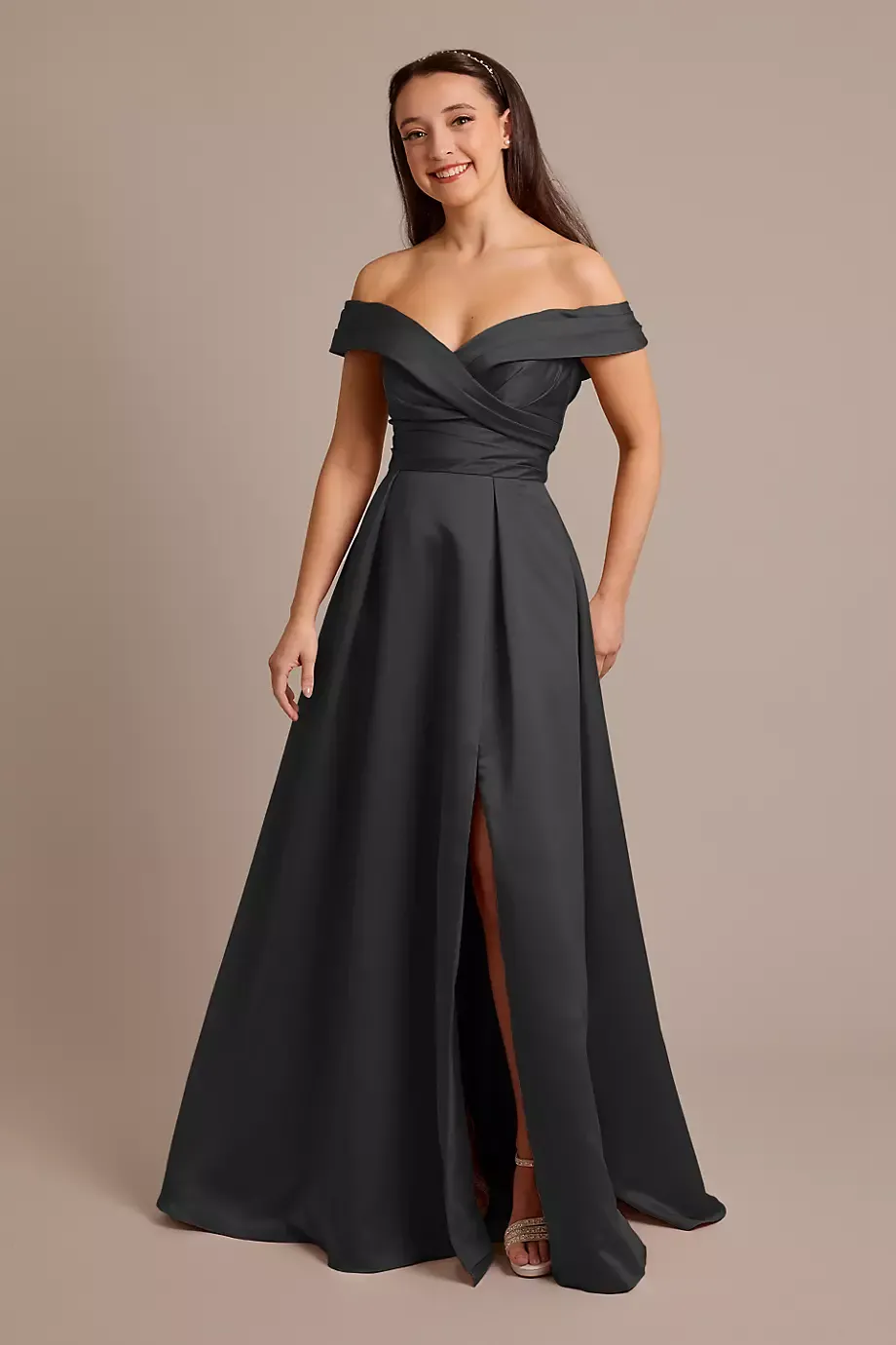 Celebrate DB Studio Satin Off-The-Shoulder Ball Gown Dress in Black Size: 4 David's Bridal