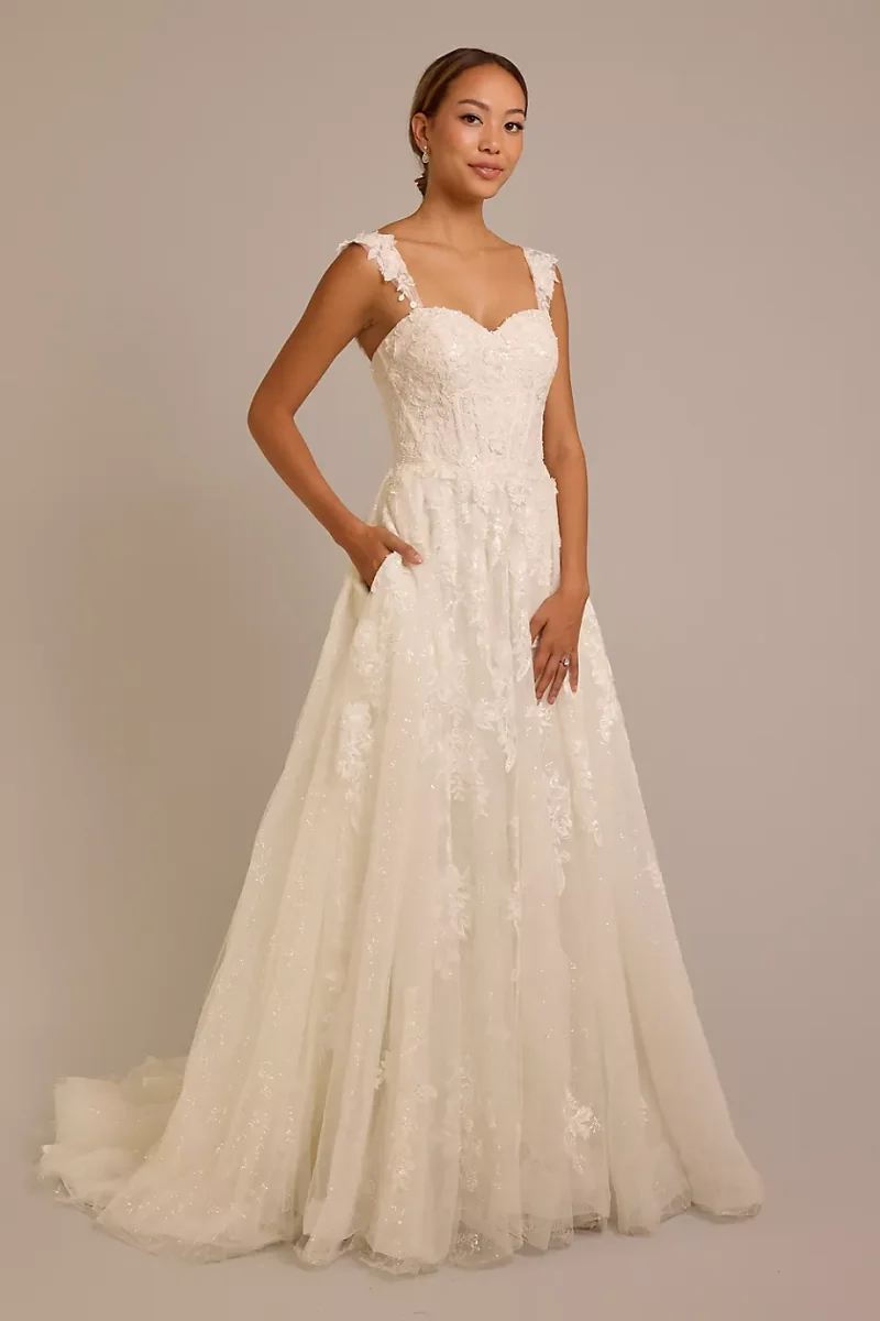 As Is Off-The-Shoulder Lace-Up Back Wedding Dress in Solid Ivory Size: 6 David's Bridal