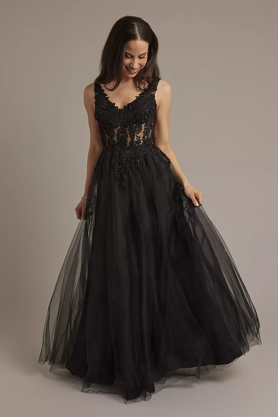Galina Signature Appliqued Tulle A-Line Tank Dress in Black Size: 8 David's Bridal