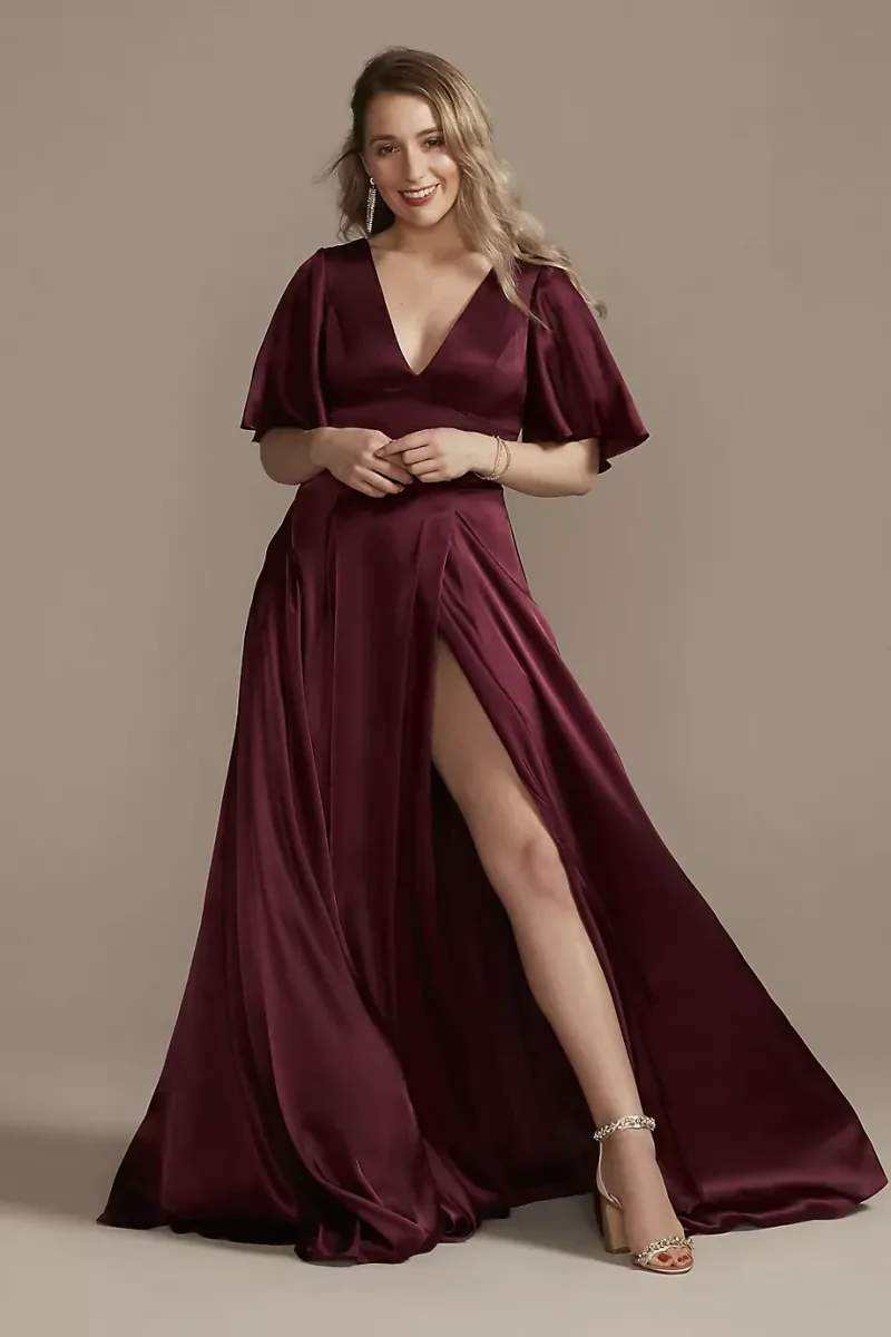 Galina Signature Charmeuse Flutter-Sleeve A-Line Dress in Wine Size: 26 David's Bridal