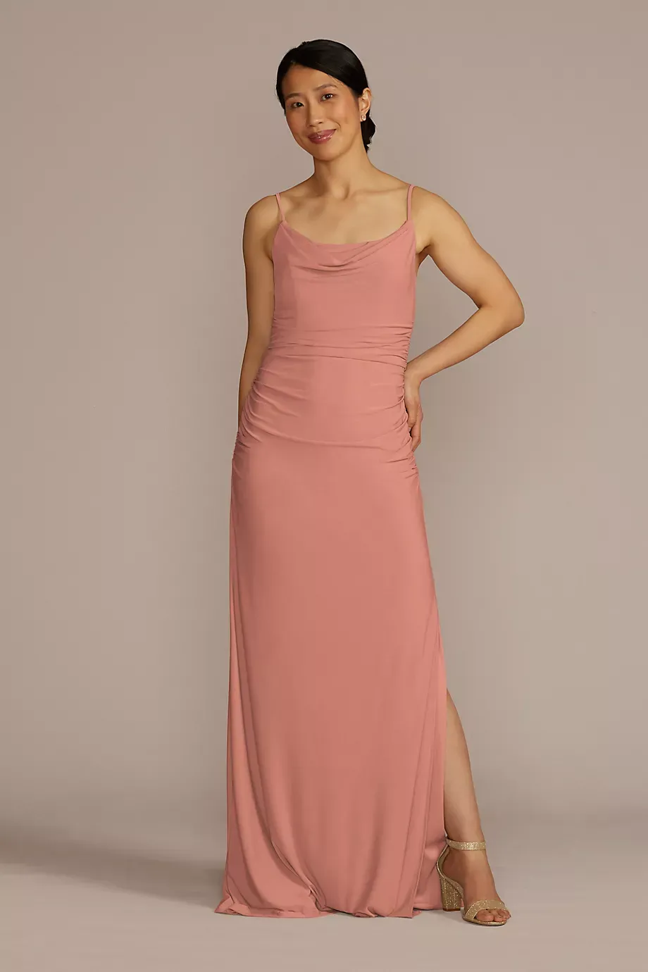 Celebrate DB Studio Ruched Jersey Spaghetti Strap Dress in Desert Coral Size: 14 David's Bridal