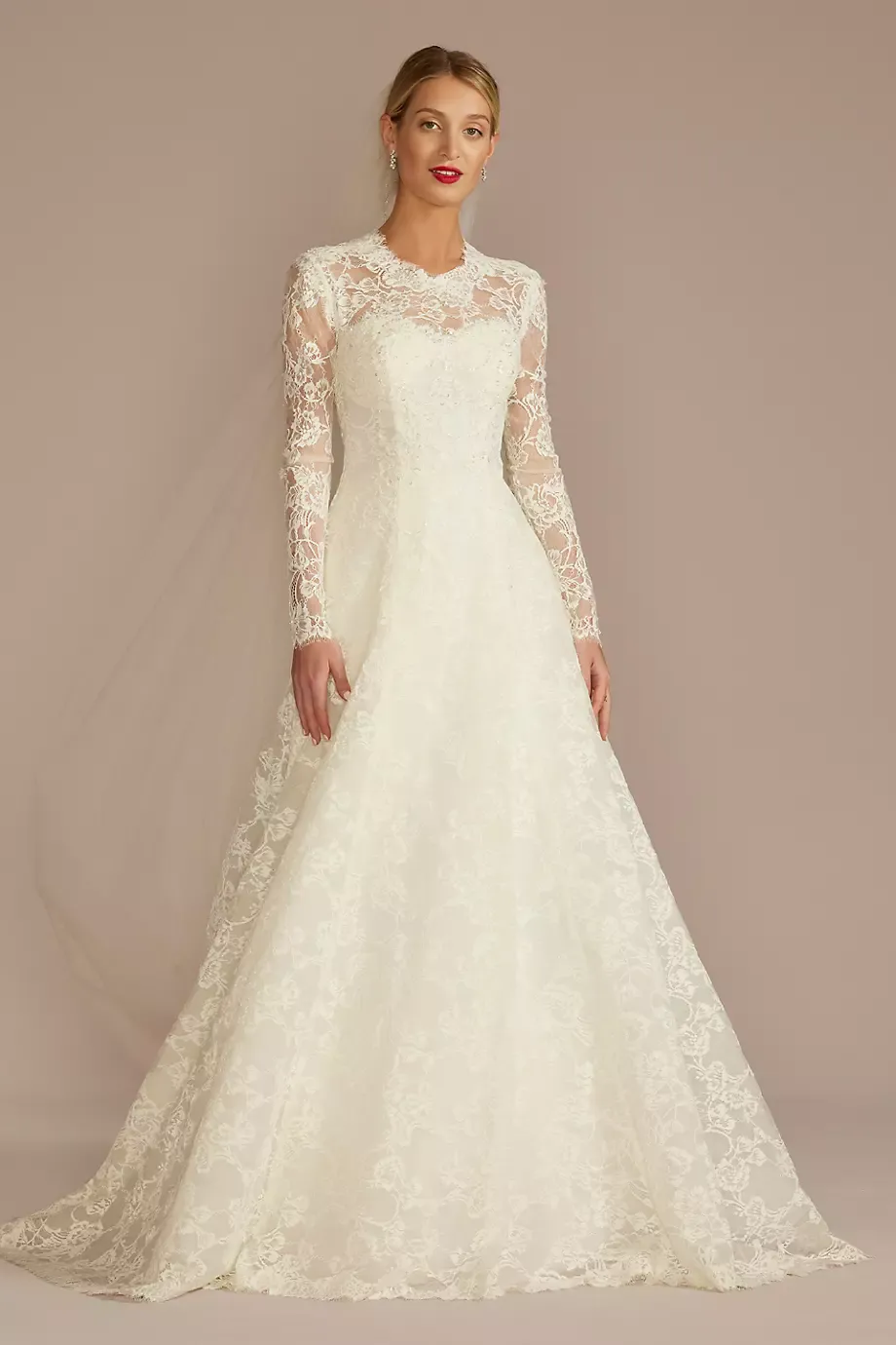 Oleg Cassini Allover Lace Long Sleeve Mock Neck Wedding Dress in Ivory Size: 4 David's Bridal