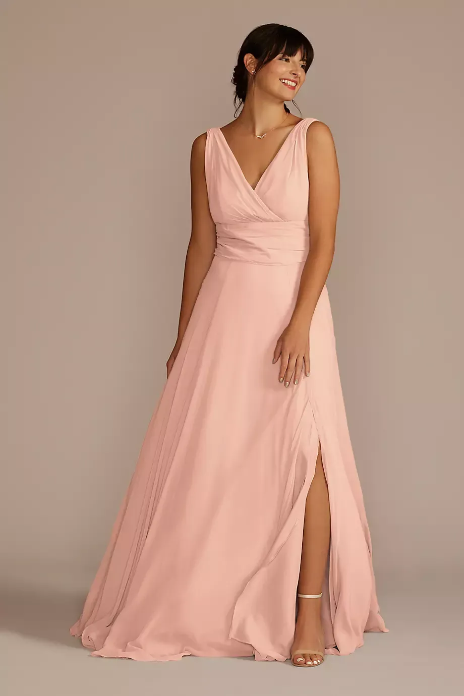 Celebrate DB Studio Long Chiffon Surplice Tank Dress in Petal Size: 12 David's Bridal