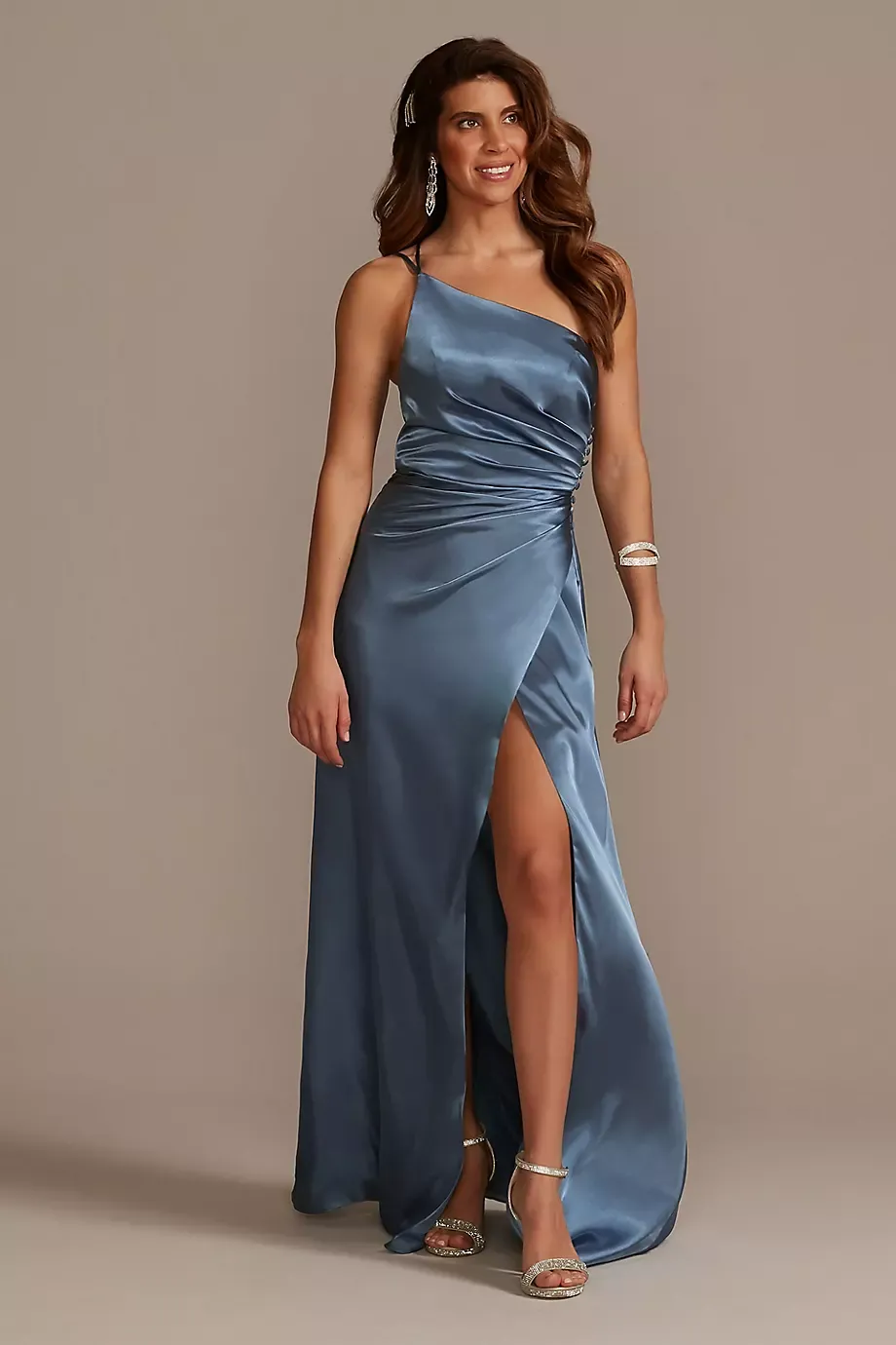 Galina Signature Charmeuse Draped One-Shoulder Dress in Steel Blue Size: 6 David's Bridal
