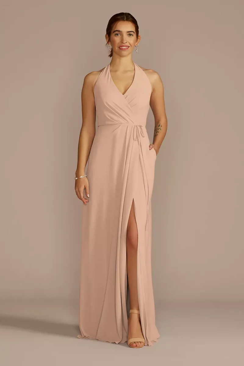 Celebrate DB Studio Chiffon Halter Faux Wrap A-Line Dress in Sand Size: 8 David's Bridal