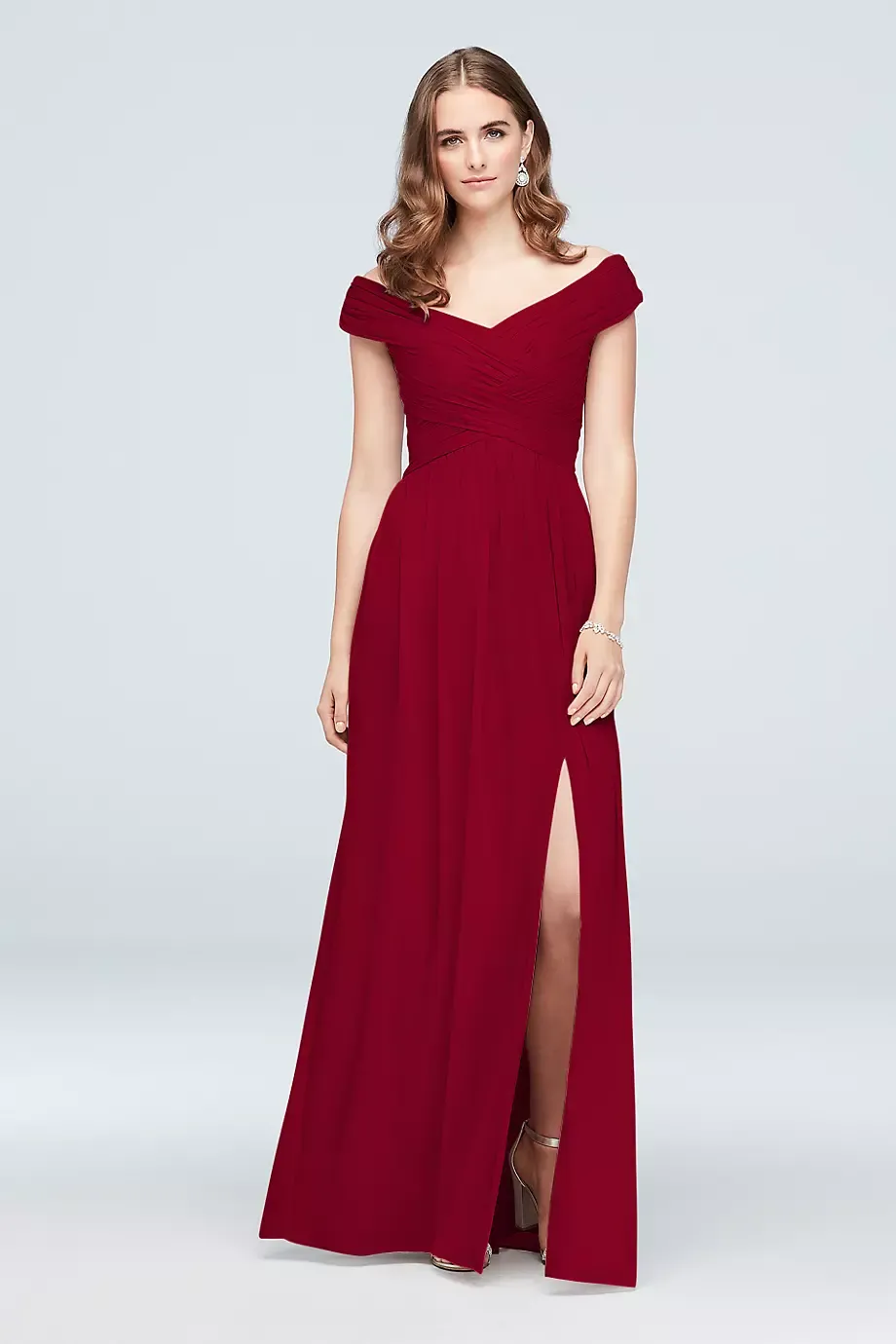 Celebrate DB Studio Crisscross Off-The-Shoulder Mesh Bridesmaid Dress in Apple Size: 12 David's Bridal