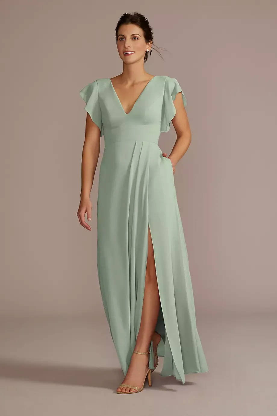 Celebrate DB Studio Tall Flutter Sleeve Chiffon Dress in Dusty Sage Size: 28 David's Bridal
