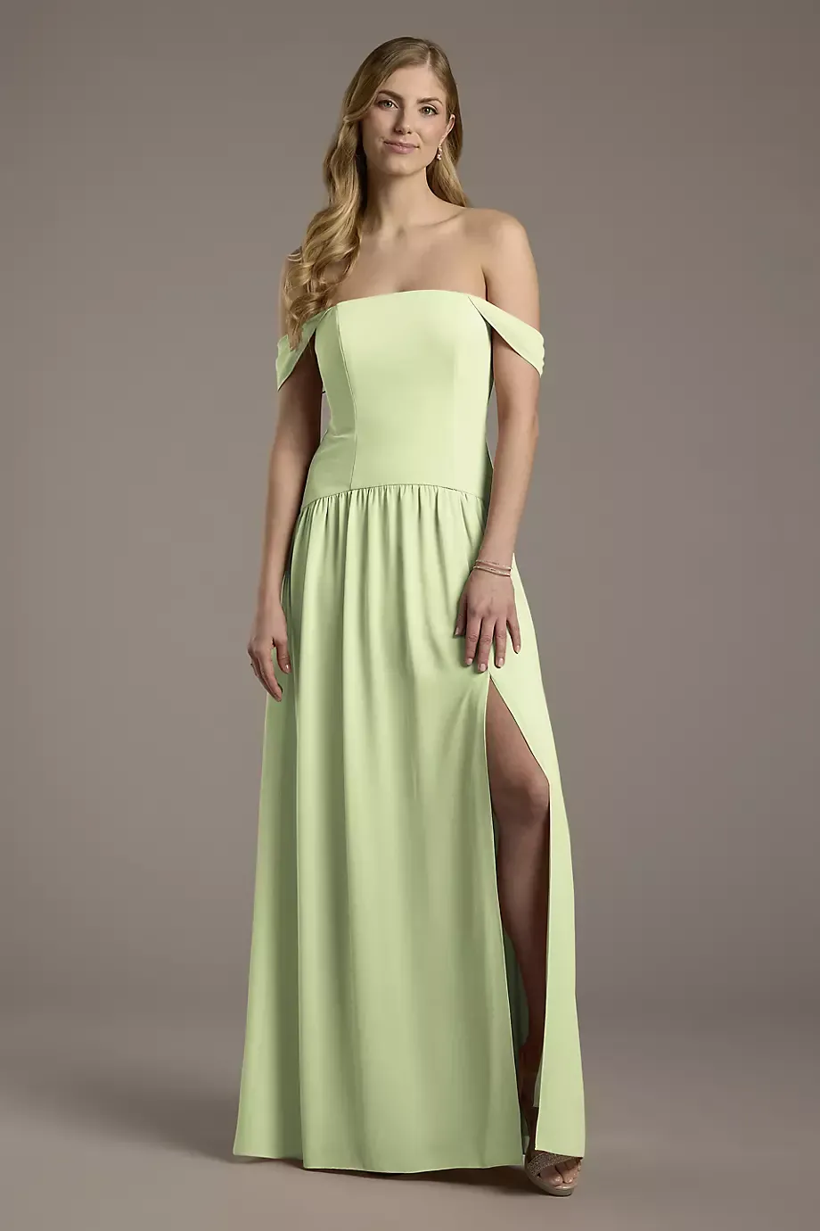 Celebrate DB Studio Chiffon Curved Drop Waist Off-The-Shoulder Dress in Pistachio Size: 12 David's Bridal