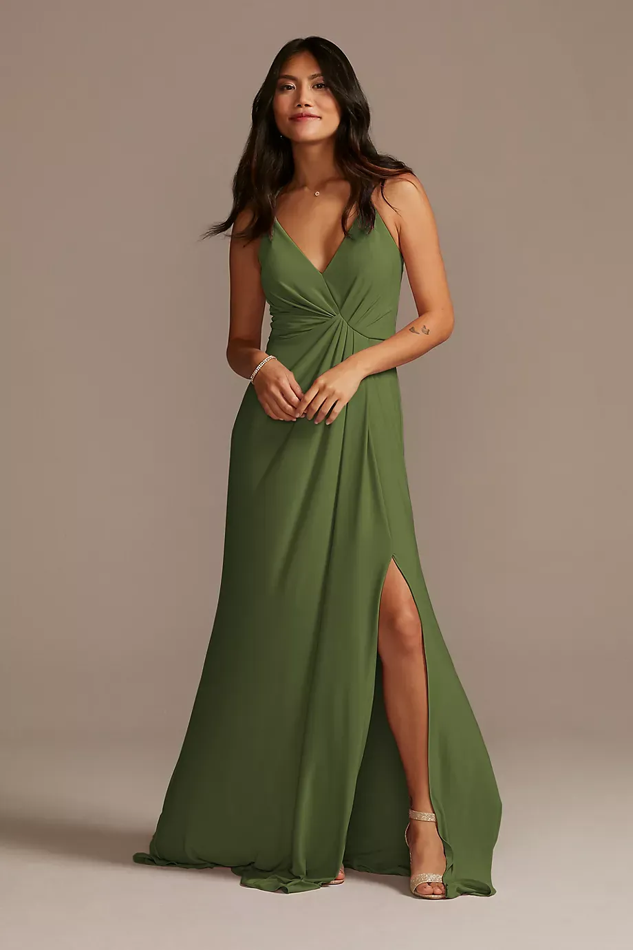 Celebrate DB Studio Jersey A-Line Dress With Knot Detail in Martini Olive Size: 12 David's Bridal