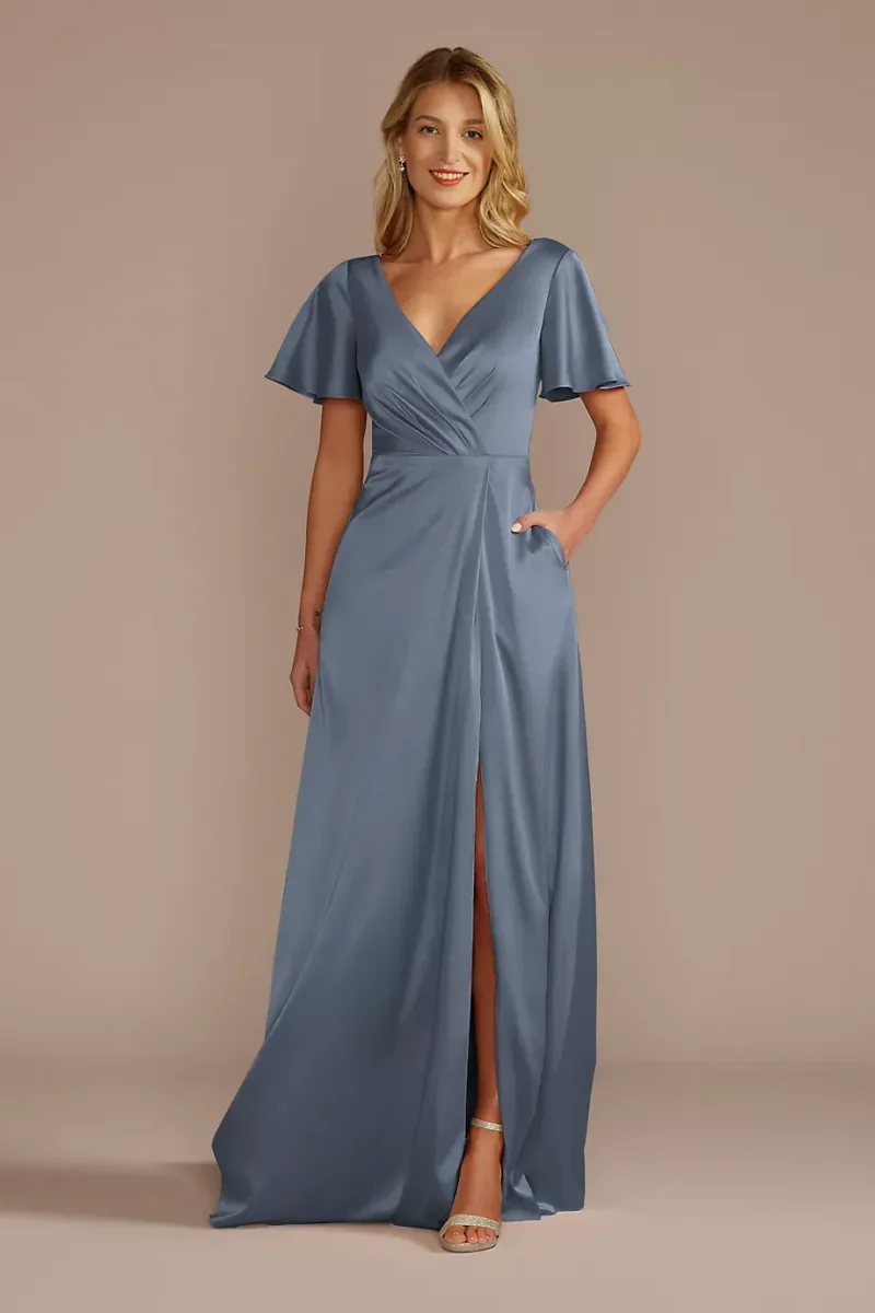 Celebrate DB Studio Short Sleeve Stretch Charmeuse Dress in Steel Blue Size: 0 David's Bridal