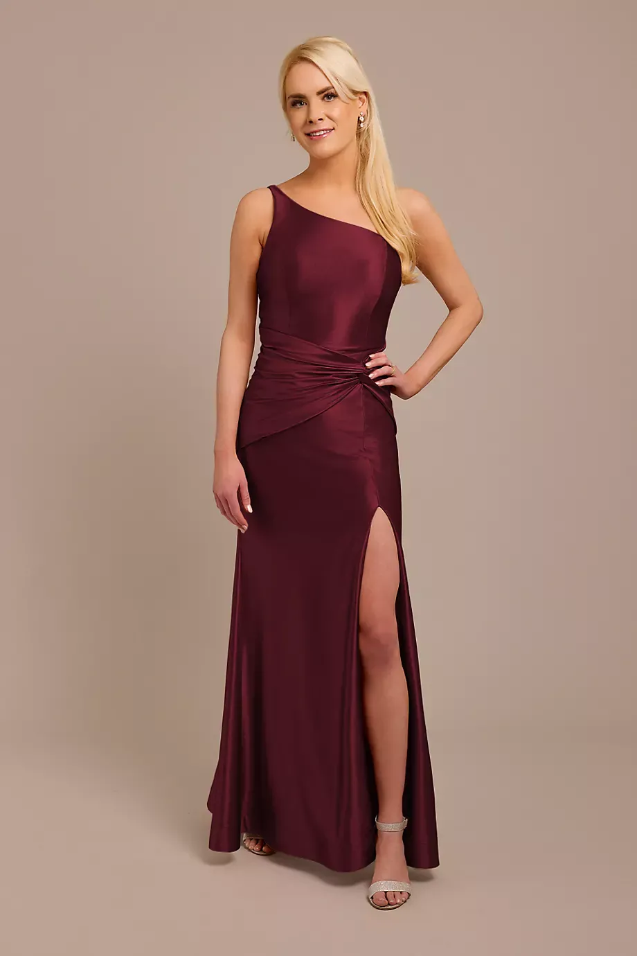 Galina Signature Sculpting Satin One-Shoulder Knot Dress in Wine Size: 10 David's Bridal