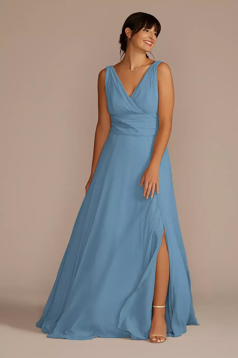 Celebrate DB Studio Long Chiffon Surplice Tank Bridesmaid Dress in Lake Size: 14 David's Bridal
