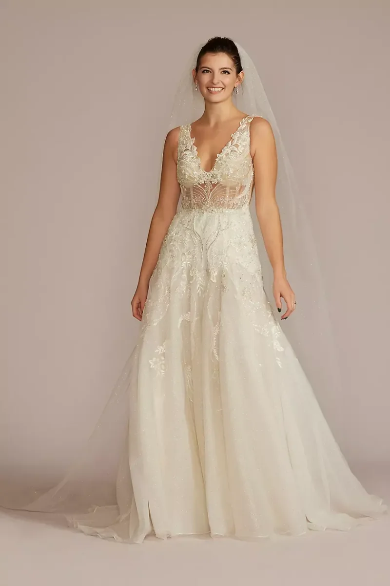 As Is Drop Waist Beaded Applique Wedding Gown in Ivory/Stone Size: 10 David's Bridal