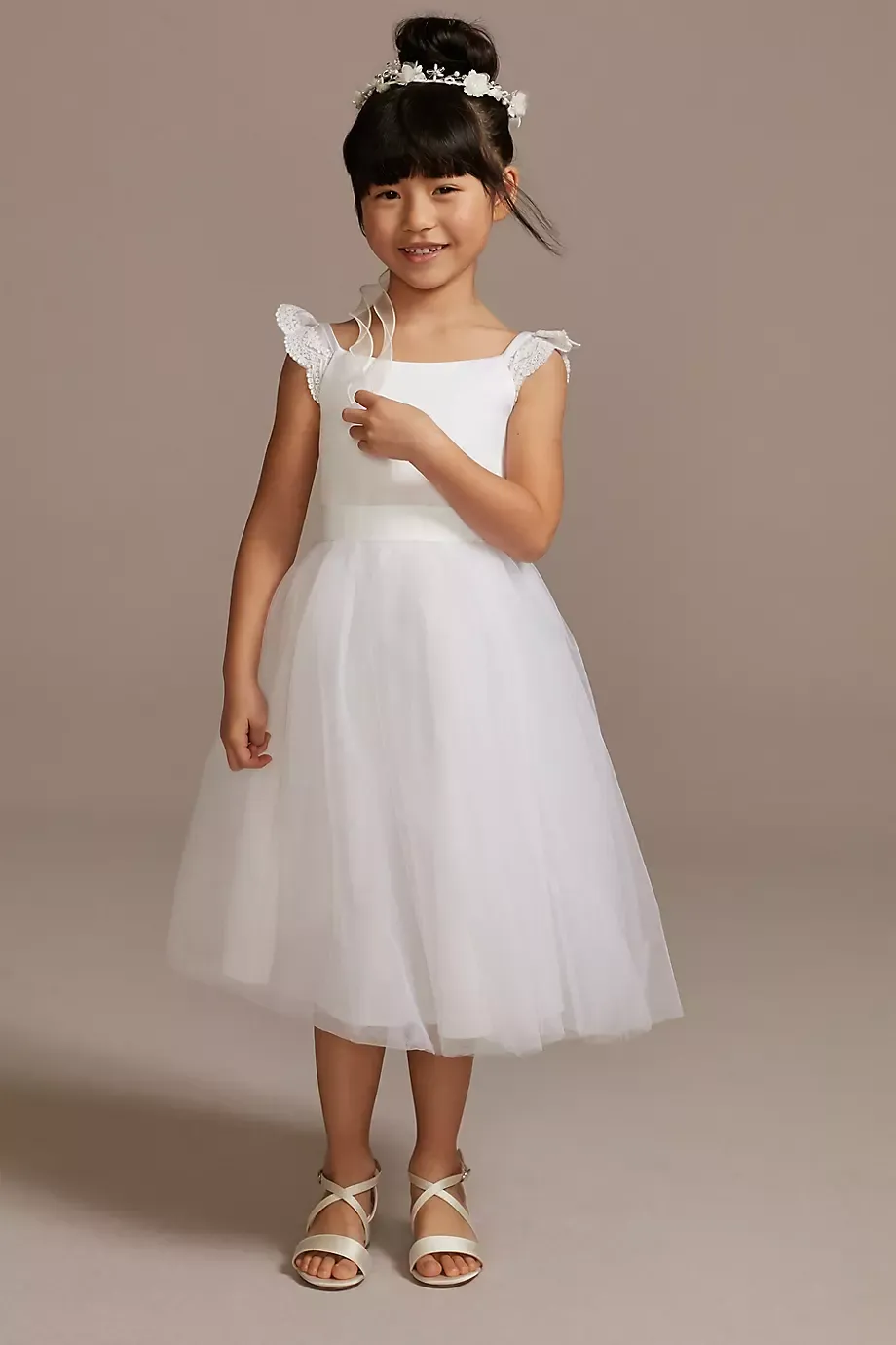 Crochet Cap Sleeve Ruffle Flower Girl Dress in White Size: 6 David's Bridal