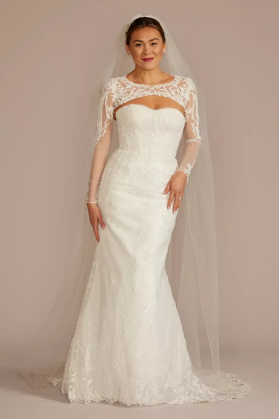 As Is Beaded Wedding Dress With Removable Sleeves in Soft White Size: 12 David's Bridal