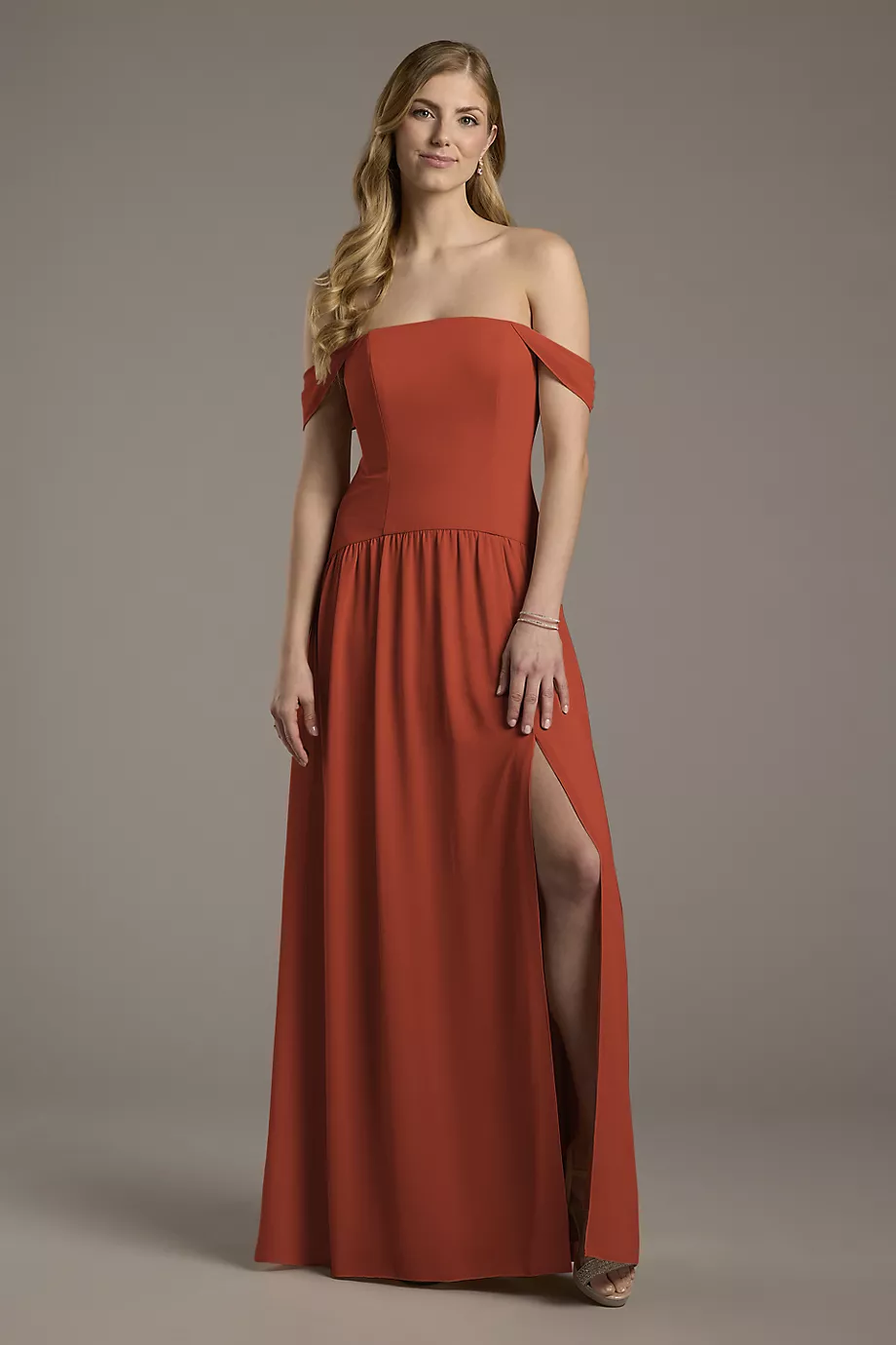 Celebrate DB Studio Chiffon Curved Drop Waist Off-The-Shoulder Dress in Cinnamon Size: 18 David's Bridal