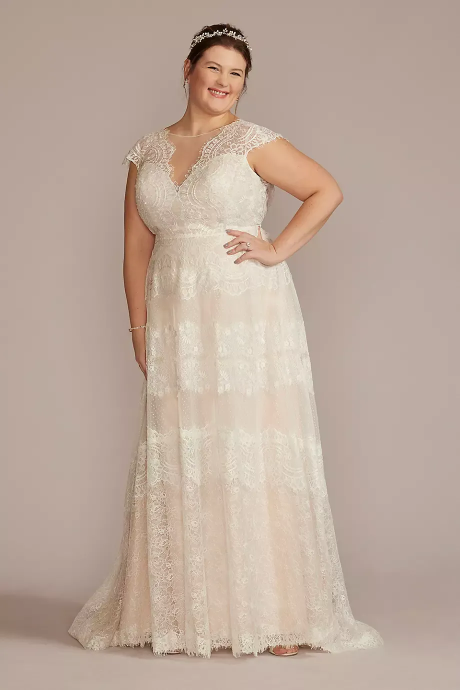 Melissa Sweet High Neck Cap Sleeve Lace Plus Size Wedding Gown in Ivory/Stone Size: 26W David's Bridal