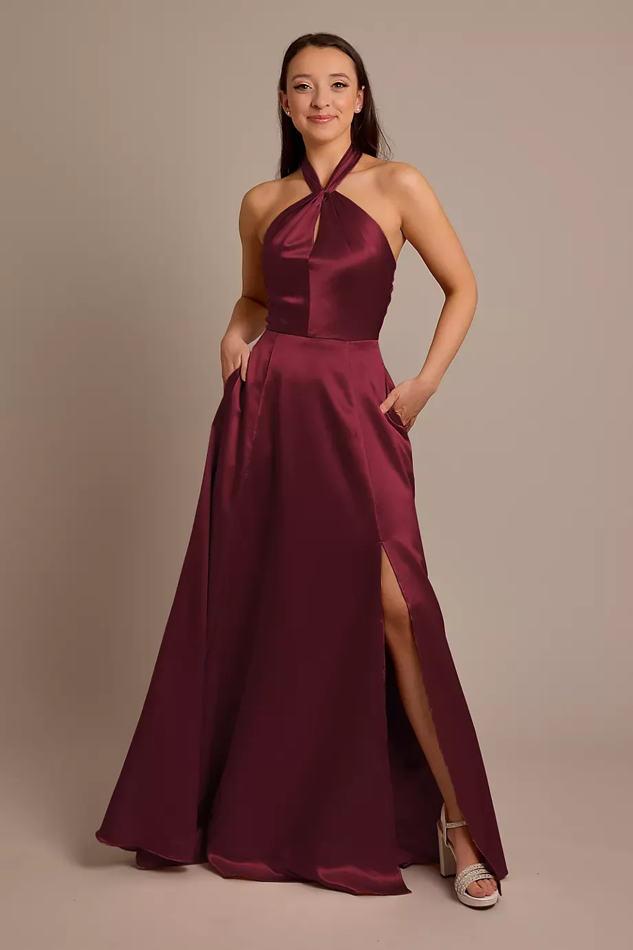 Celebrate DB Studio Luxe Charmeuse Halter Dress in Wine Size: 24 David's Bridal