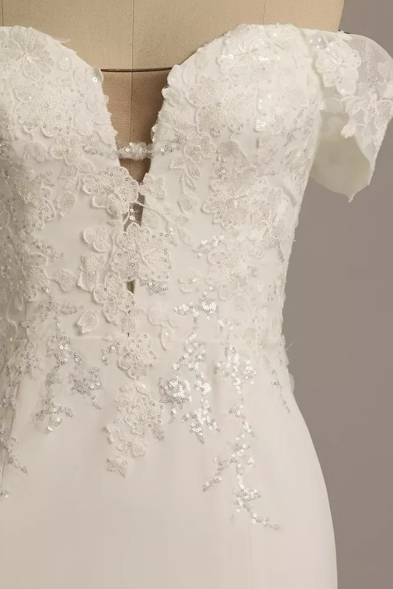 DB Studio Stretch Crepe Plunge Mermaid Wedding Dress in Soft White/Cocoa Size: 0 David's Bridal