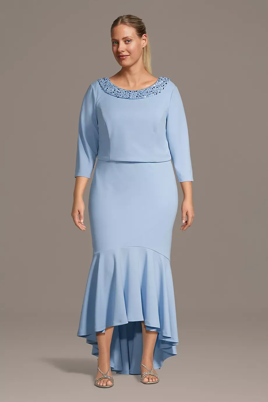 Oleg Cassini Crepe High Low Fit And Flare Dress With Jacket in Ice Blue Size: 20W David's Bridal