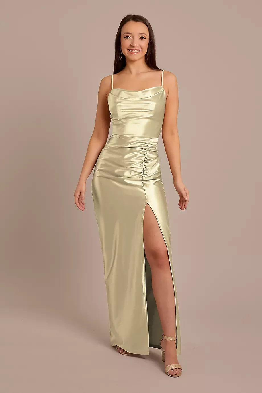 Celebrate DB Studio Sculpting Satin Cowl Neck Ruched Dress in Champagne Size: 18 David's Bridal