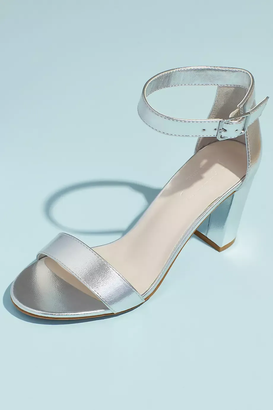 Block Heel Ankle Strap Sandal in Silver Metallic Size: 10 David's Bridal