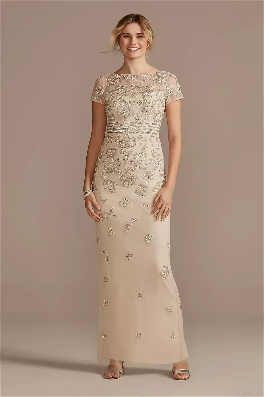 Oleg Cassini Floral Beaded High Neck Short Sleeve Sheath Dress in Champagne Size: 12 David's Bridal