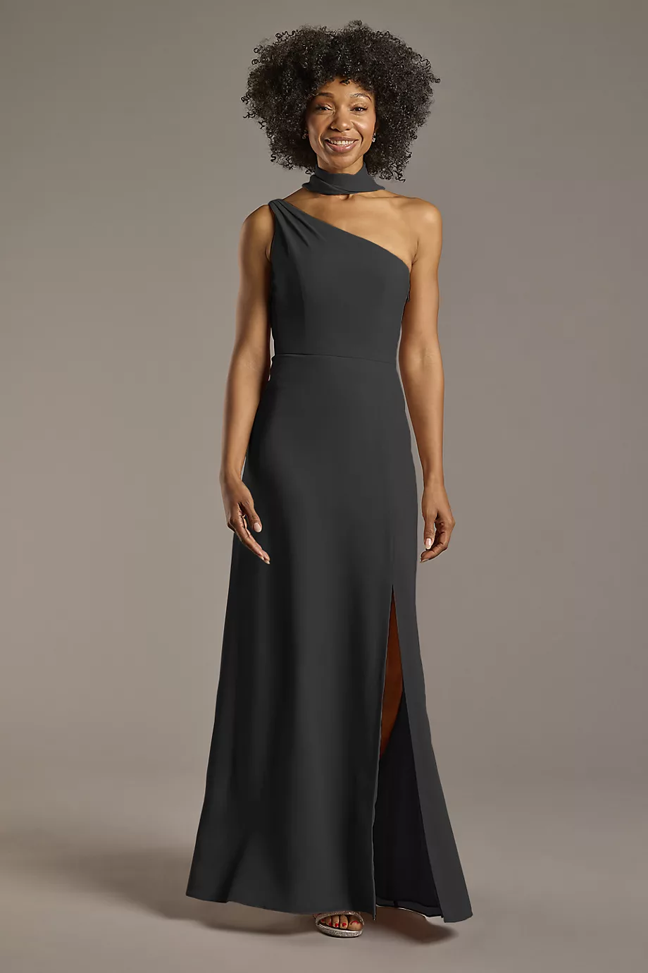 Celebrate DB Studio Convertible One-Shoulder Chiffon Dress in Black Size: 14 David's Bridal