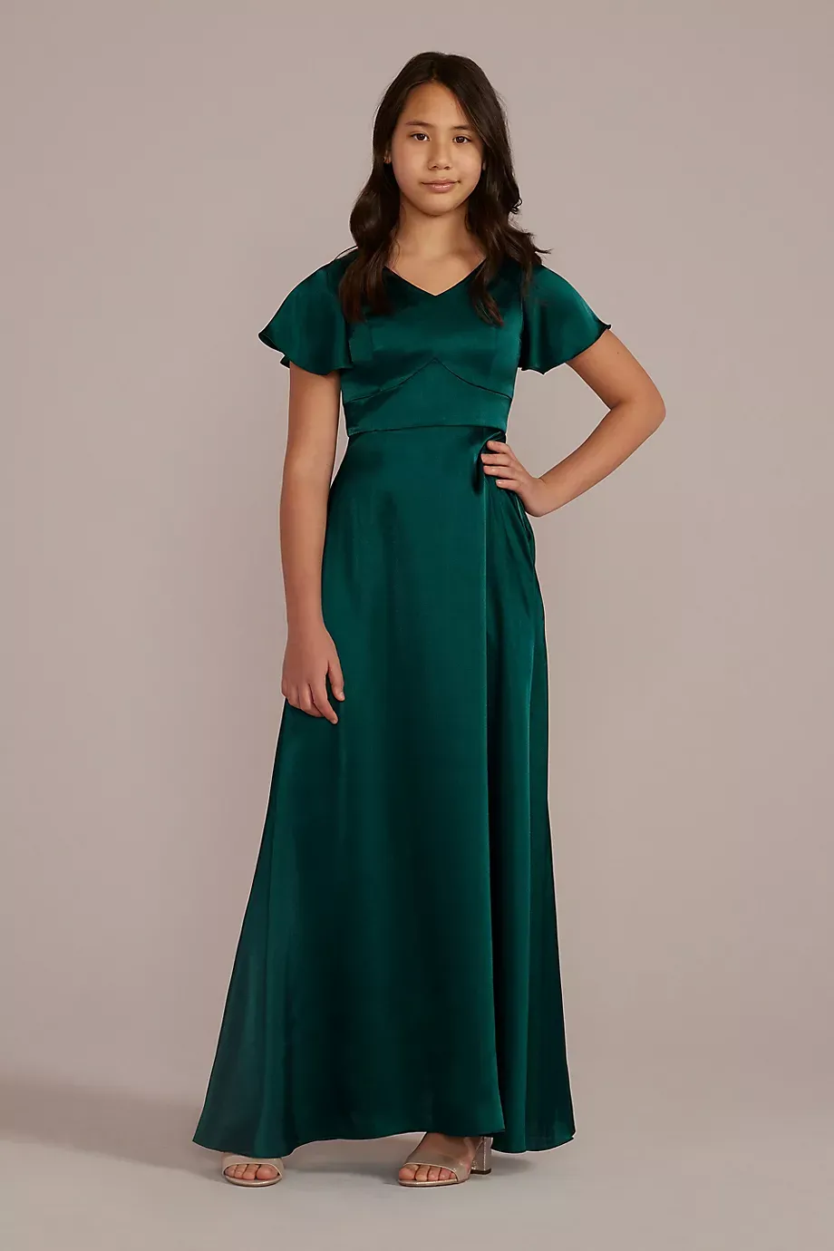 Galina Signature Charmeuse Flutter Sleeve Junior Bridesmaid Dress in Gem Size: 14 David's Bridal