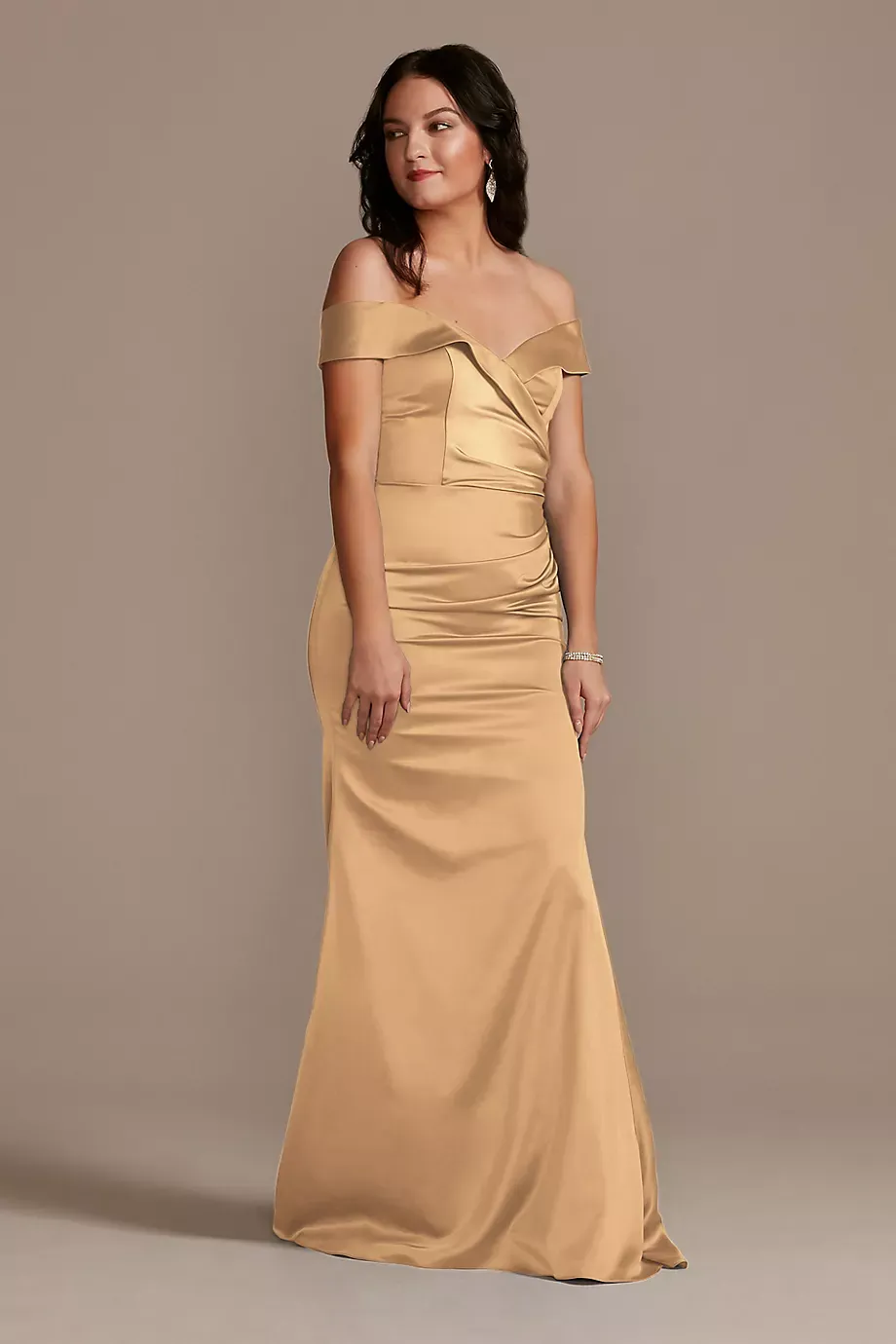 Galina Signature Satin Off-The-Shoulder Mermaid Dress in Golden Size: 24 David's Bridal