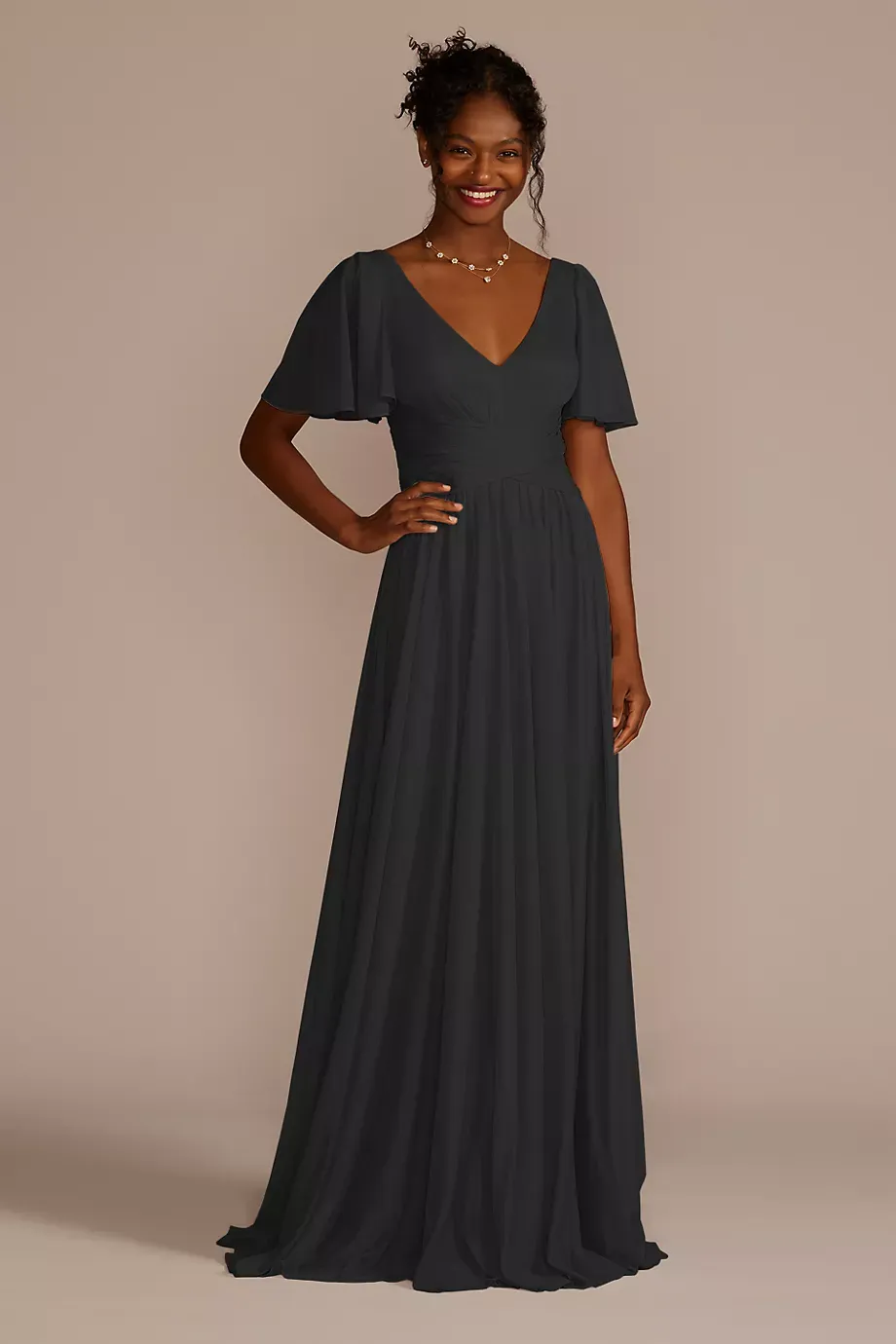 Celebrate DB Studio Flutter Sleeve Crisscross Mesh Bridesmaid Dress in Black Size: 22 David's Bridal