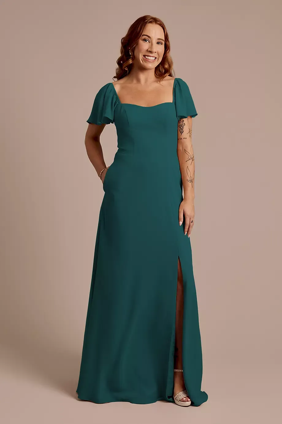 Celebrate DB Studio Chiffon Flutter Sleeve Dress With Basque Waist in Gem Size: 18 David's Bridal