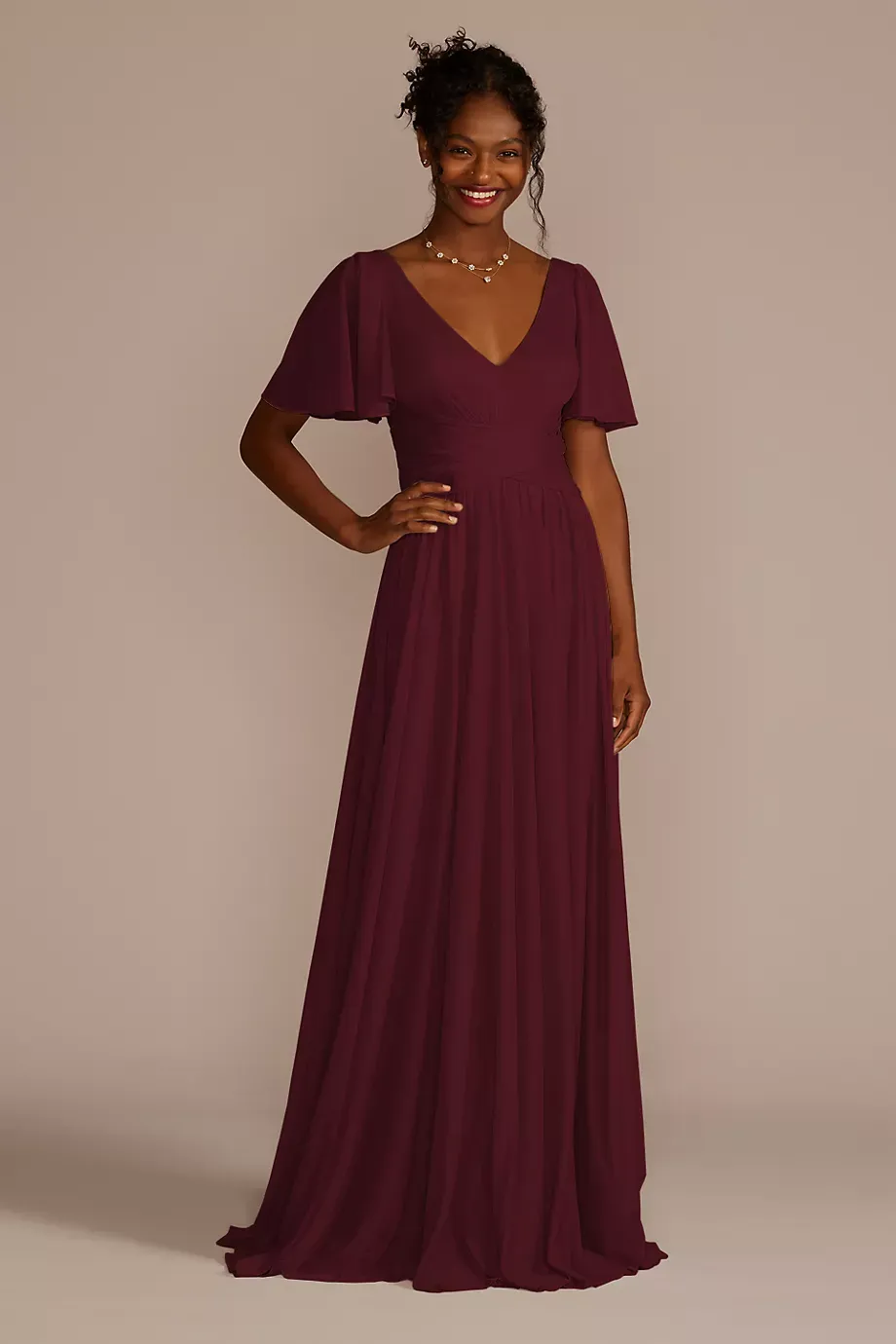 Celebrate DB Studio Flutter Sleeve Crisscross Mesh Bridesmaid Dress in Wine Size: 20 David's Bridal