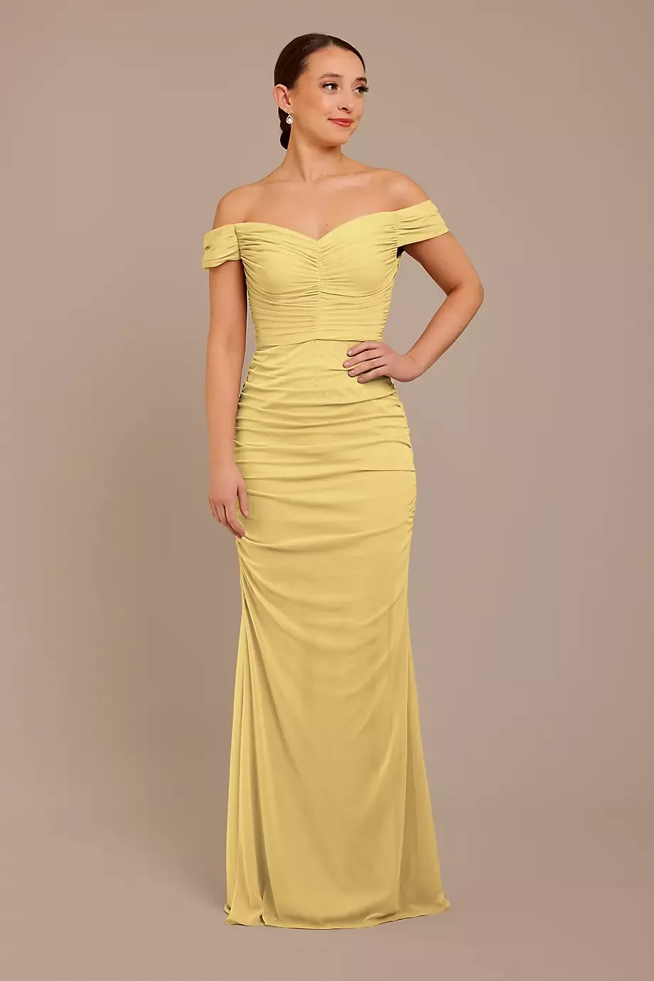 Celebrate DB Studio Mesh Off-The-Shoulder Ruched Dress in Pale Yellow Size: 16 David's Bridal
