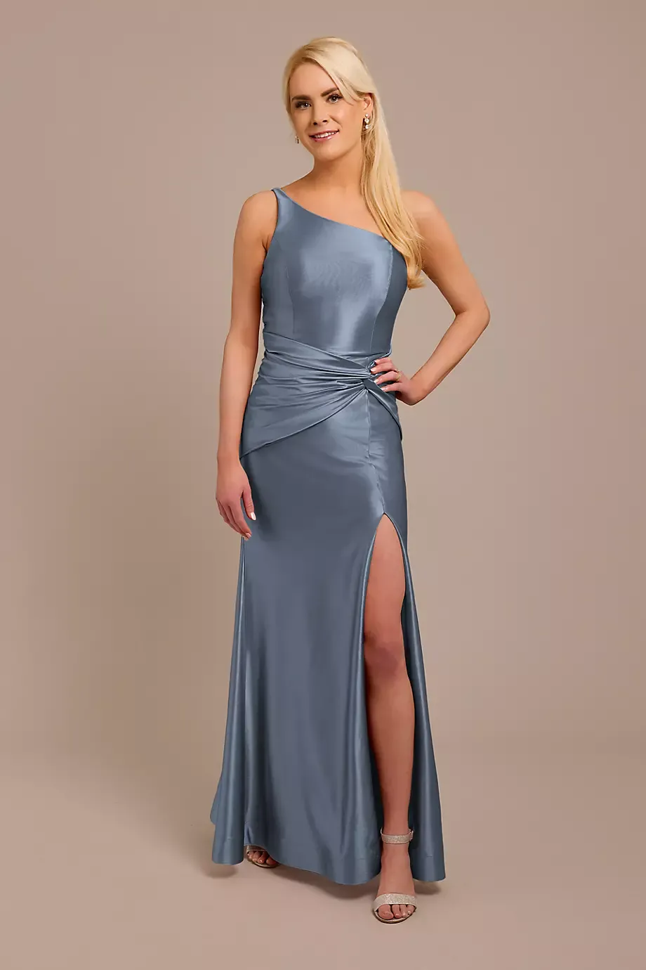 Galina Signature Sculpting Satin One-Shoulder Knot Dress in Steel Blue Size: 26 David's Bridal
