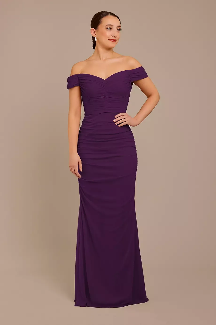Celebrate DB Studio Mesh Off-The-Shoulder Ruched Dress in Plum Size: 18 David's Bridal