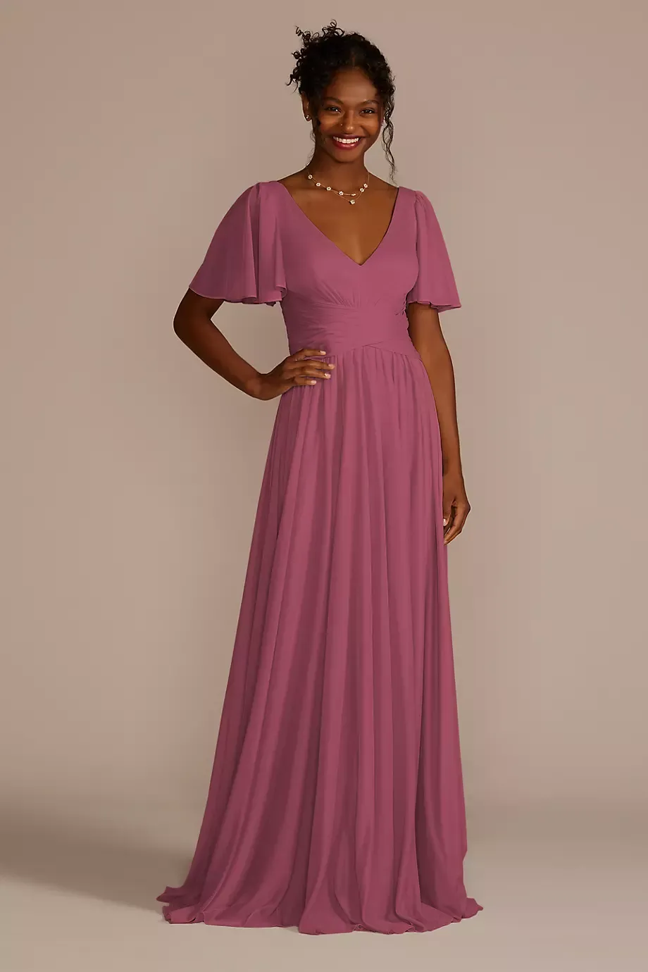 Celebrate DB Studio Crisscross Mesh Flutter Sleeve Bridesmaid Dress in Chianti Size: 26 David's Bridal