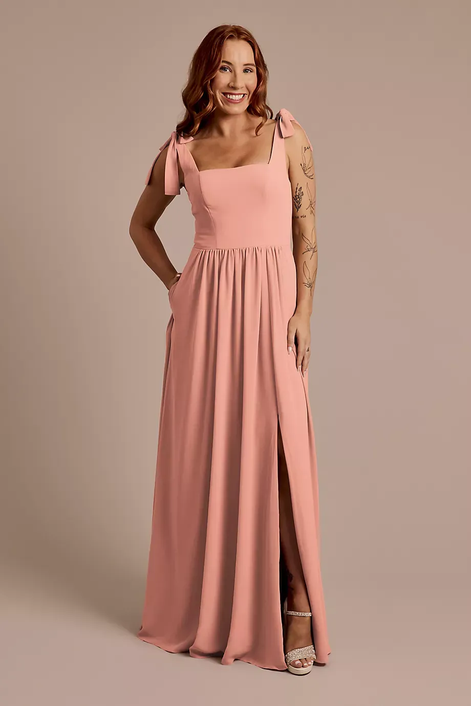 Celebrate DB Studio Chiffon Tie Strap Tank A-Line Dress in Desert Coral Size: 10 David's Bridal