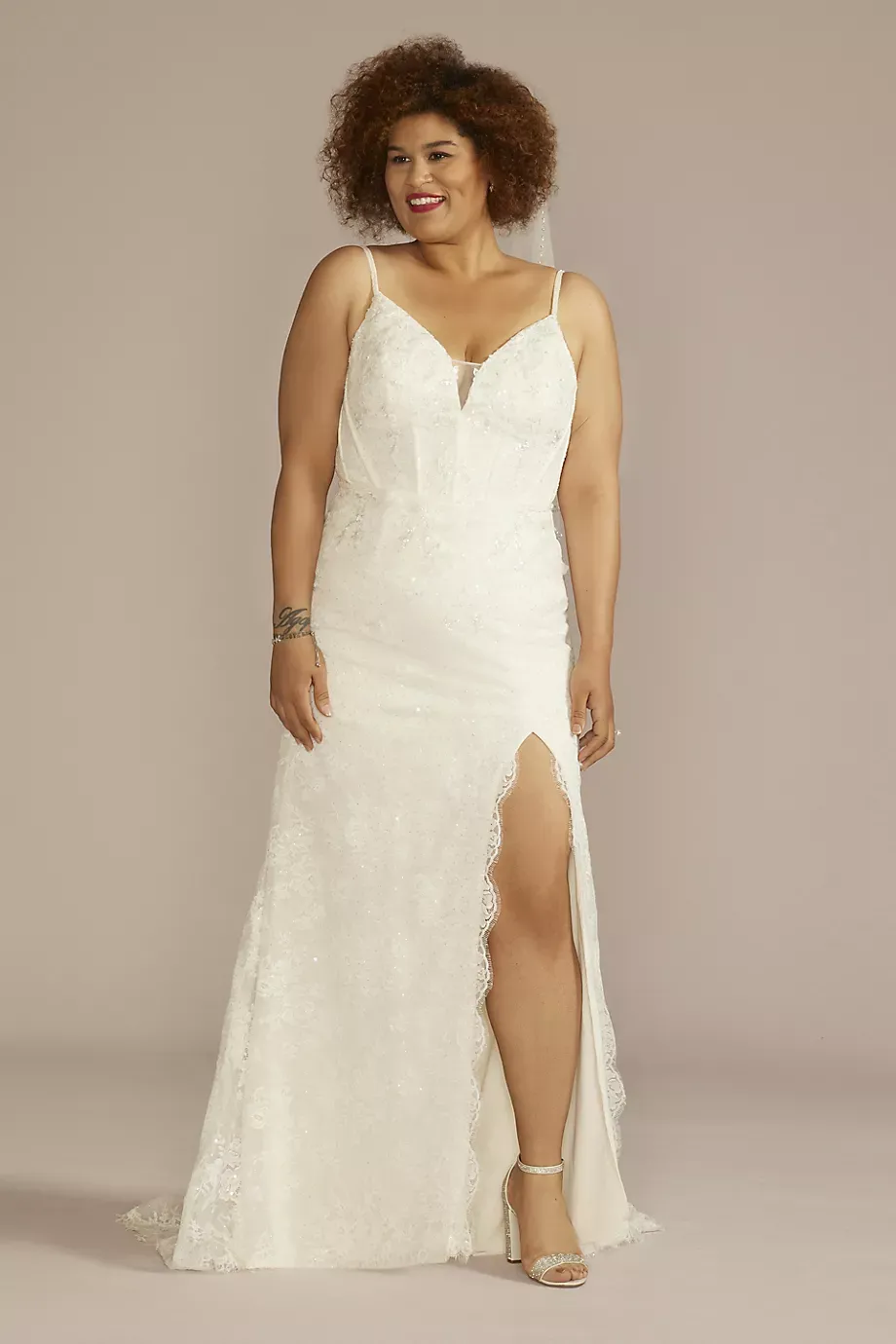 Galina Signature Corset Bodice Beaded Lace Sheath Wedding Dress in Solid Ivory Size: 24W David's Bridal